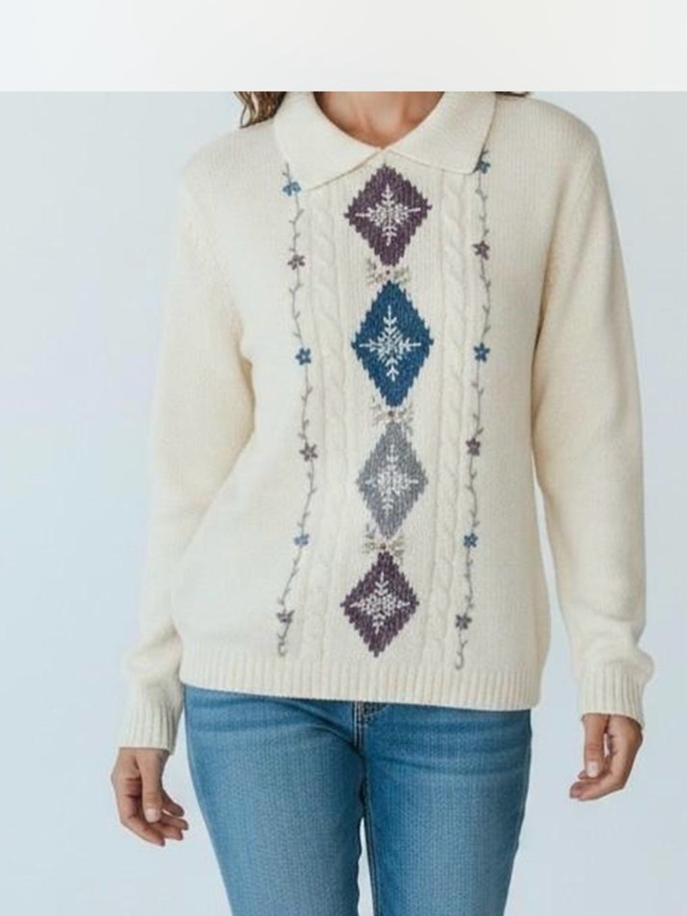 Alfred Dunner Cream Cable Fair Isle Crew Sweater with Blue & Purple Diamonds